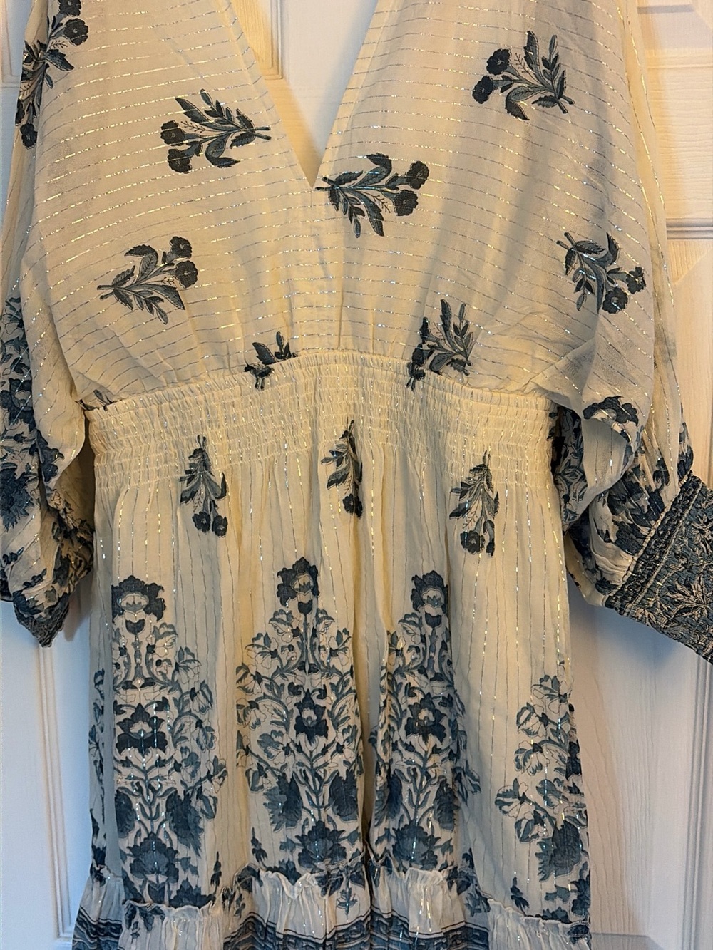 Ivory Floral Embroidered Boho Dress with Teal Accents- sweet simplicity boutique